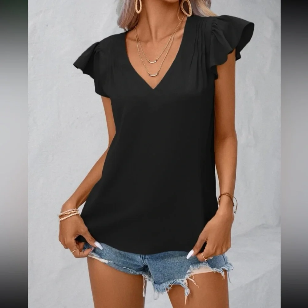 Boho V neck ruffle trim blouse
